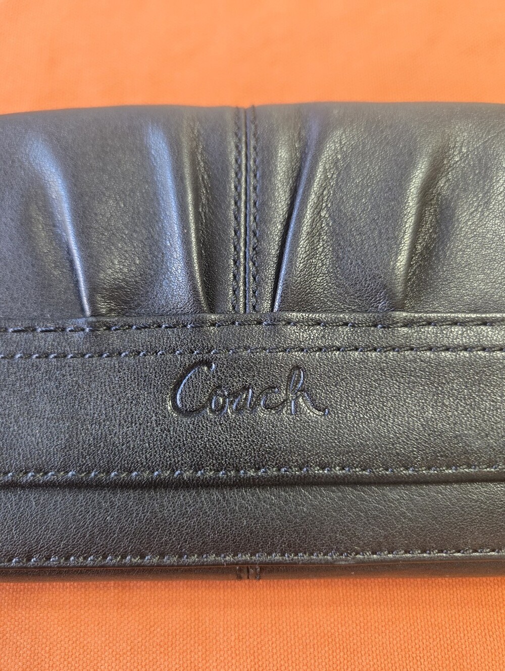 Coach Black Leather Pleated Trifold Wallet Checkbook Zip Pocket